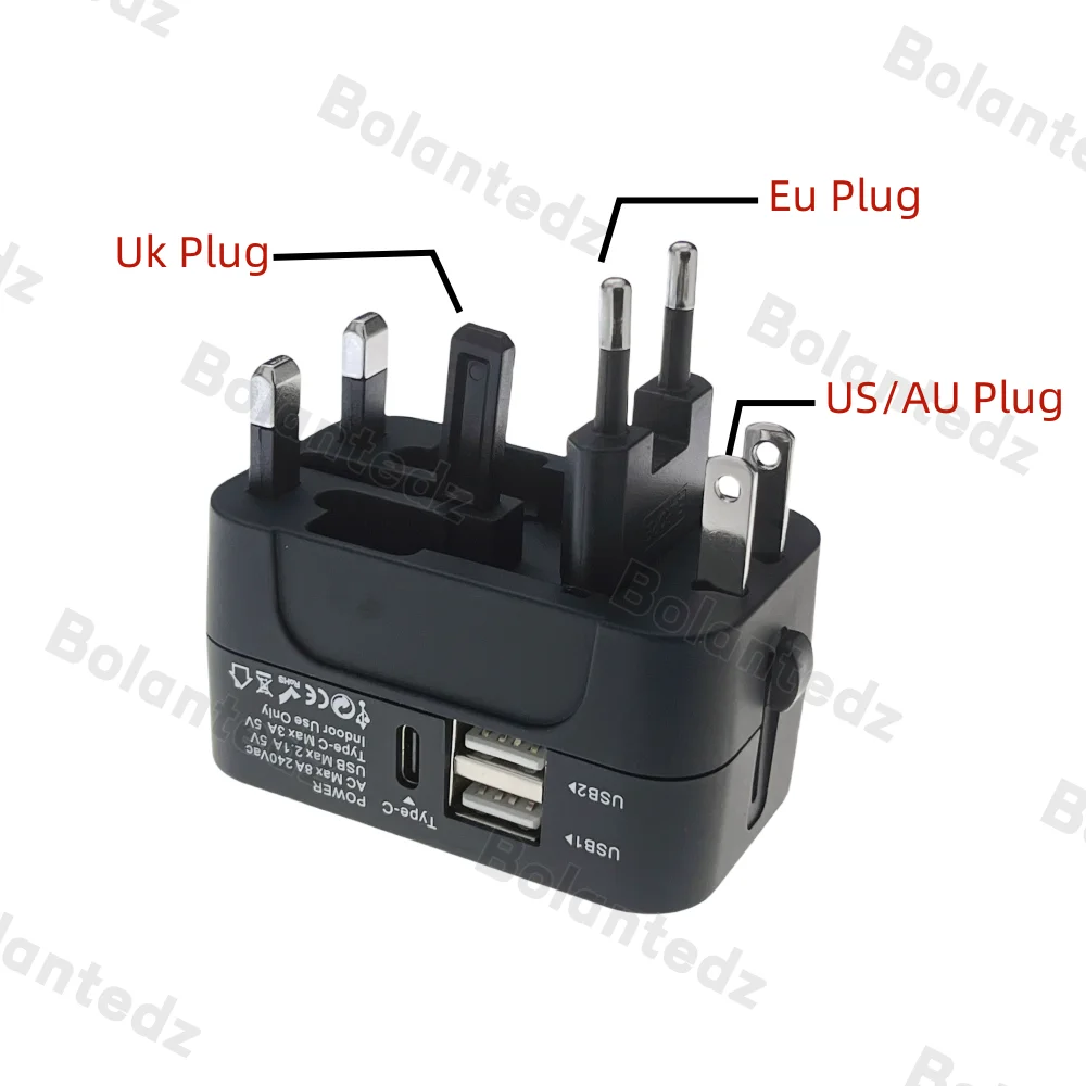 All in One Universal International Plug Adapter 2 USB Port 1 Type C World Travel AC Power Charger Adapter AU US UK EU Converter