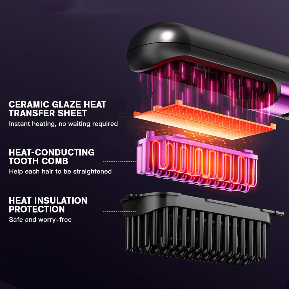 Hair Straightener Brush with LCD Display Cordless USB Charging Straightener Portable Mini Straightening Brush for Home Travel