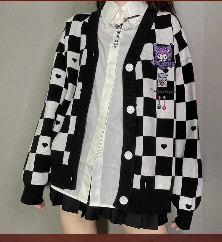 Anime Sanrioed Pompompurin Girls Cardigan Sweater Kawaii Kuromi Cinnamoroll Spring Autumn Knit Coat Loose Sweet Embroidery Tops