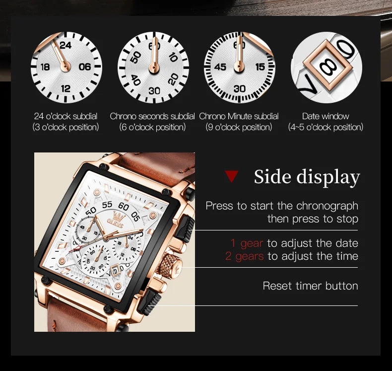 OLEVS Top Brand Male Watches Square Quartz Watch Watch For Men Waterproof Leather Strap Sport Clock Male Relogio Masculino