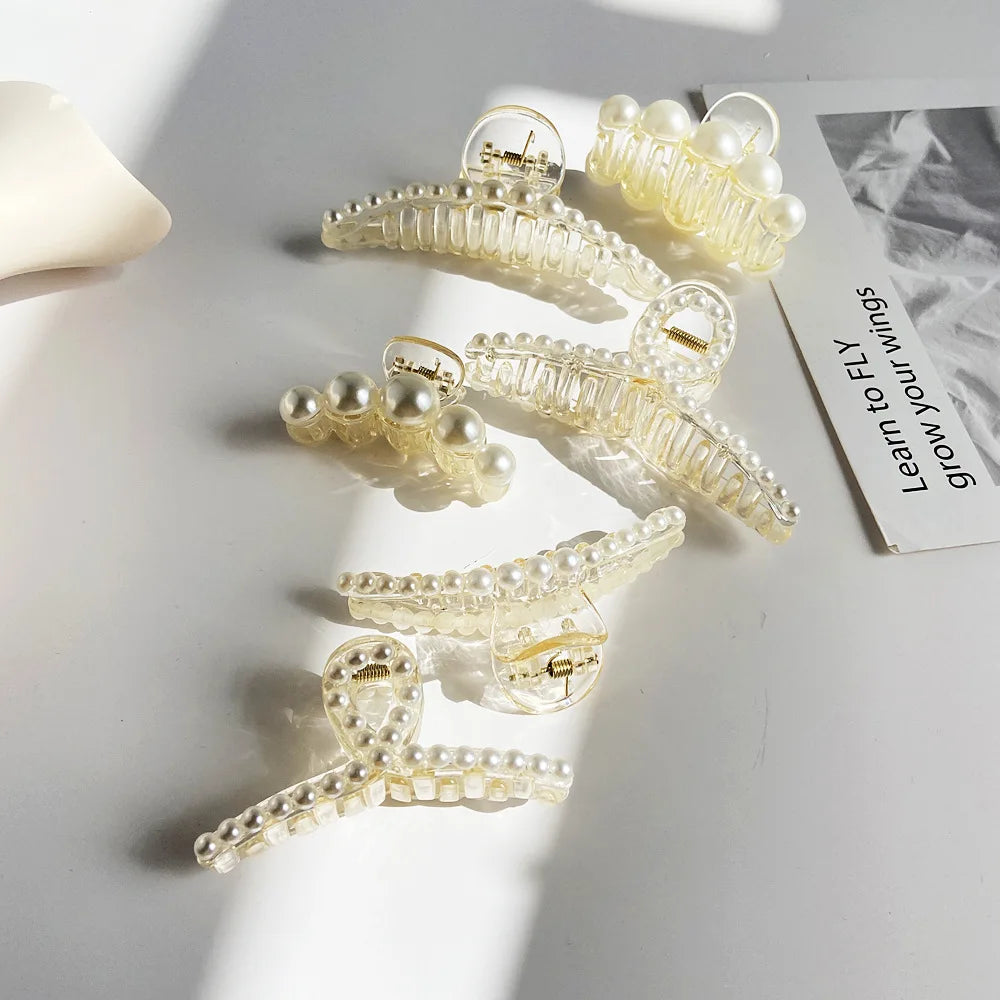 Elegant Imitation Pearl Hairpins Korean Geometric Hair Claws for Women Shark Clip Back Head Hair Clip Barrettes Hair Accessories