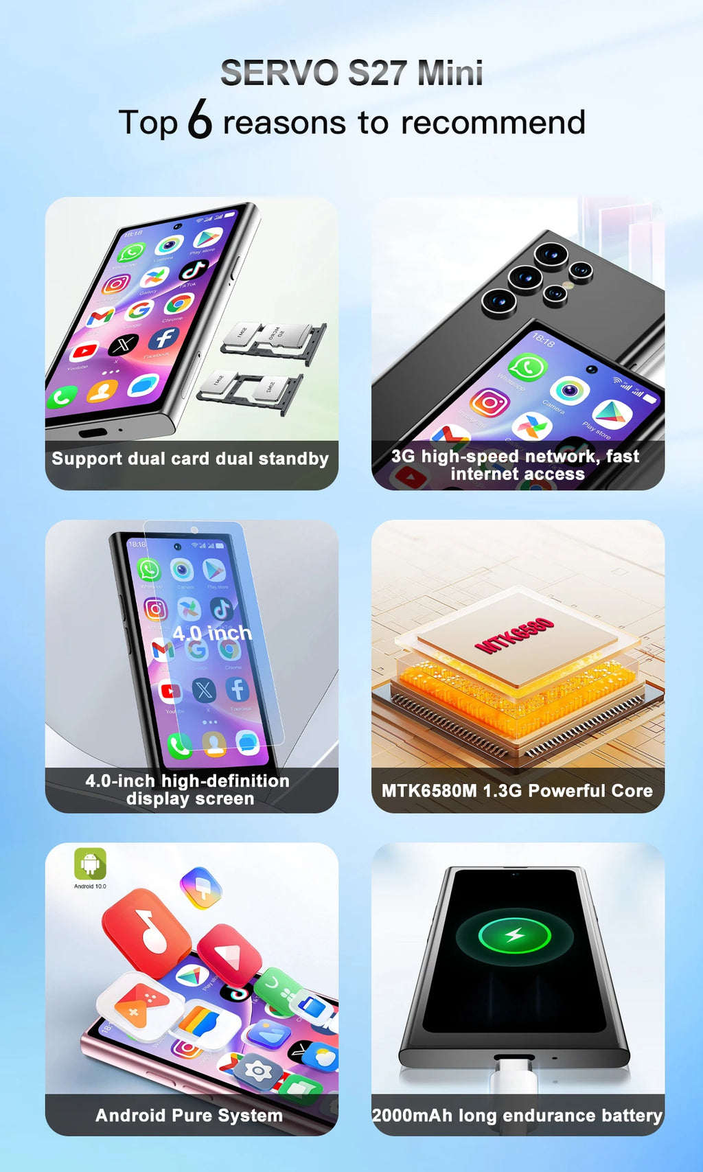 SERVO S27 MINI Android Small Smartphone 3G WCDMA Play Store 2GB+16GB WiFi Hotspot GPS Face ID 4.0" Mini Smart Phone 2SIM Standby