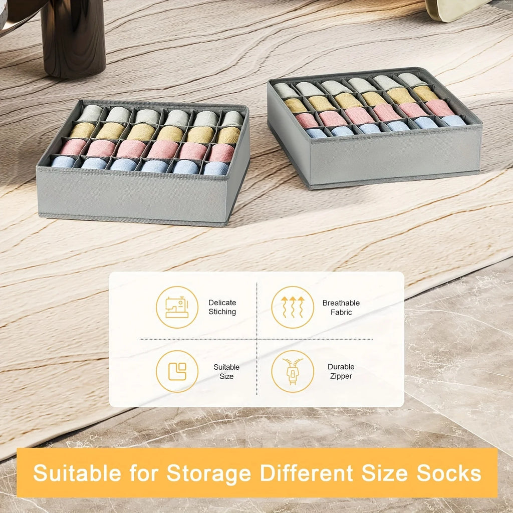 Foldable Fabric Storage Box with 24 Compartments Stackable Organizer for Socks Ties Underwear Space-Saving Drawer Divider