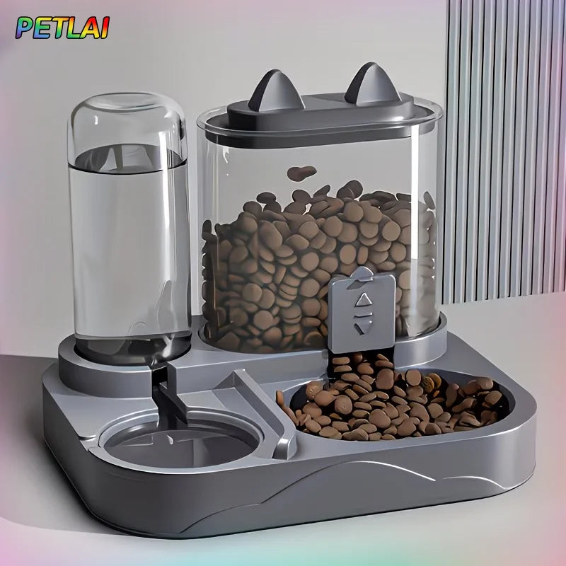 Pet drinking and feeding unit separates dry and wet food made of durable plastic with transparent design without battery for cat