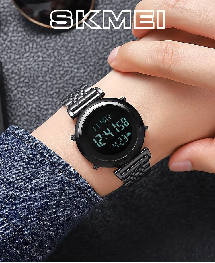 SKMEI 2139 Digital Watch Steel Muslim Azan Mens Back Light Waterproof Hijri Islamic Wristwatch Prayer Qibla Compass Alarm Clock