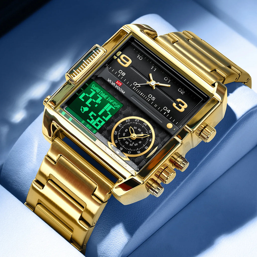 Dual Display Men Sports Watches For Male Clock Gold Black Men Digital Wrist Watches Top Brand Luxury Chronograph Quartz Watch