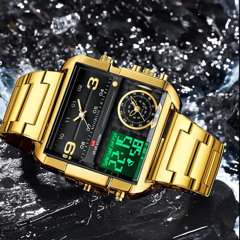 Dual Display Men Sports Watches For Male Clock Gold Black Men Digital Wrist Watches Top Brand Luxury Chronograph Quartz Watch