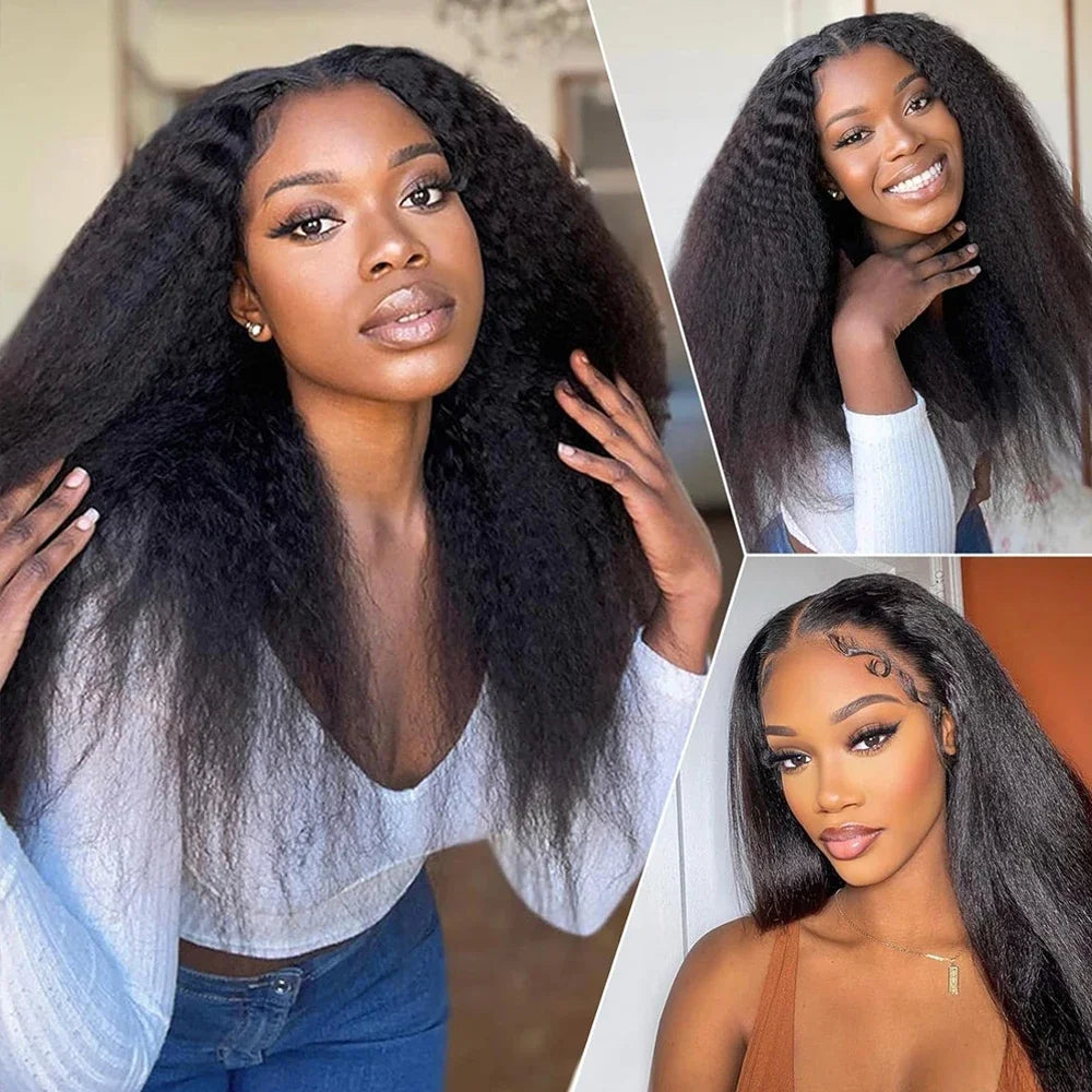 V Part Kinky Straight Wig Human Hair 220% Density 32 40 Inch V Shape Clip in Half Wigs No Leave Out No Sew In Wig Natural Color