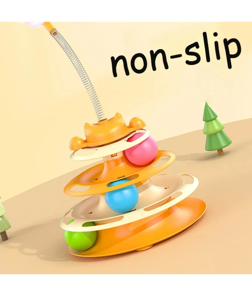 Interactive Cat Toy Tower Kitten Turntable Track Roller Balls Toys With Feather Pets Training Supplies Toy For Cat Tower