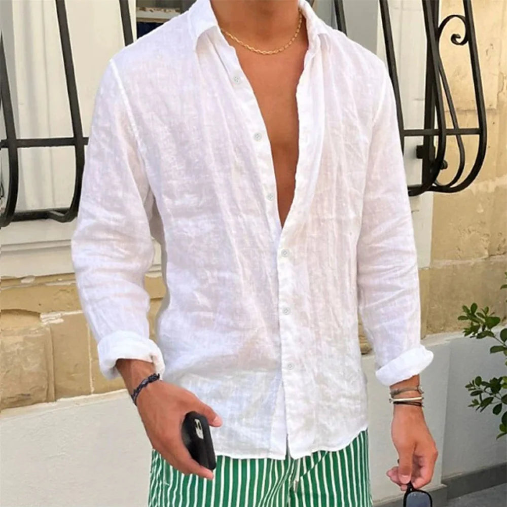 Spring Autumn Men's Cotton Linen Shirt Long Sleeve Casual Solid Color Slim Fit Lapel Simple Style Male Breathable Button Tops