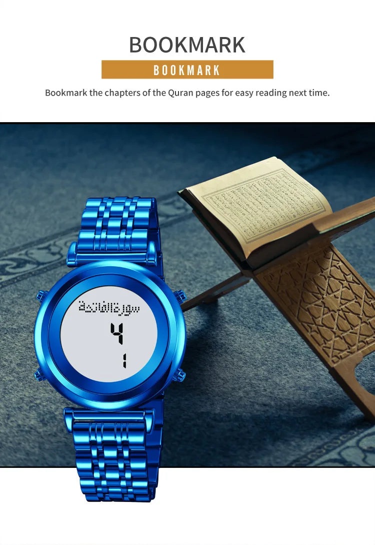 SKMEI 2139 Digital Watch Steel Muslim Azan Mens Back Light Waterproof Hijri Islamic Wristwatch Prayer Qibla Compass Alarm Clock