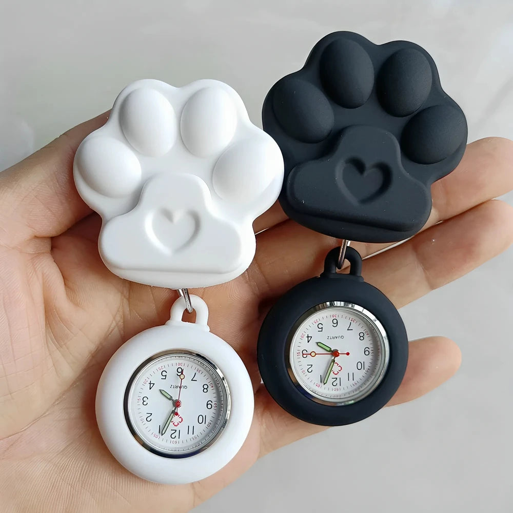 Colourful Retractable Badge Reel Nurse Doctor Lovely Cat Claw Footprints Pocket Watches medical hospital Gift Watch for women