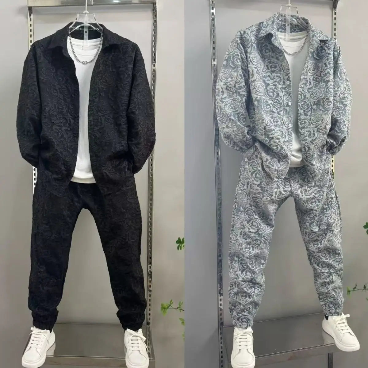 2025 New Men's casual fashion two-piece pants set, sporty lapel jacquard shirt, long-sleeved spring and autumn set