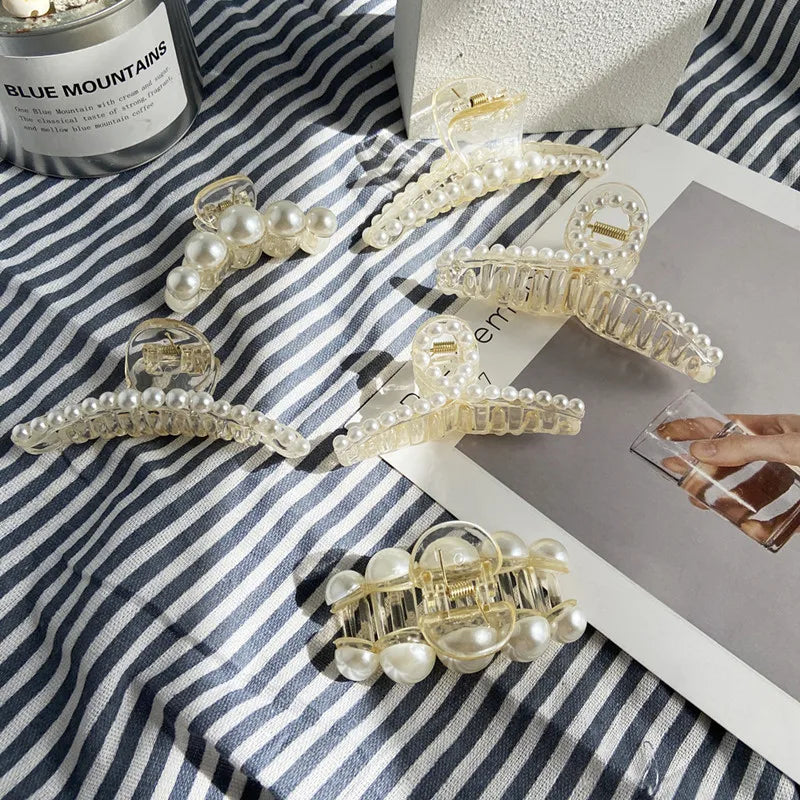 Elegant Imitation Pearl Hairpins Korean Geometric Hair Claws for Women Shark Clip Back Head Hair Clip Barrettes Hair Accessories