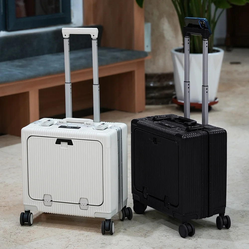 Suitcase Front Opening Pocket Aluminum Alloy Frame Rolling Luggage 18" Carry On Boarding Travel Trolley Bags with Spinner Wheel