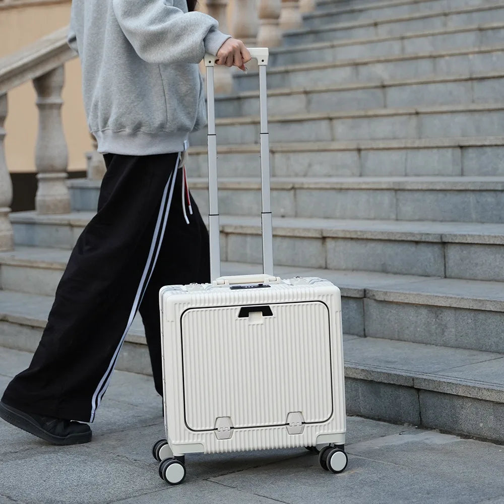 Suitcase Front Opening Pocket Aluminum Alloy Frame Rolling Luggage 18" Carry On Boarding Travel Trolley Bags with Spinner Wheel