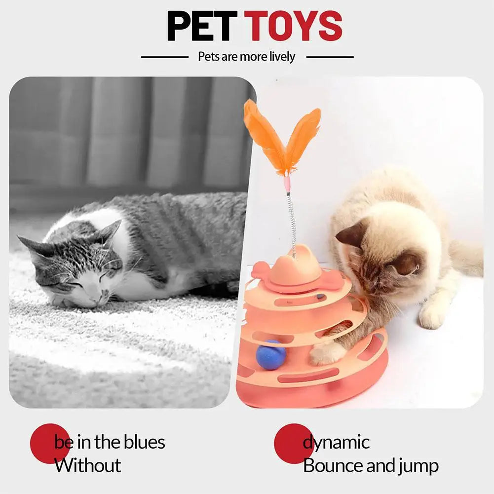 Pattern Feather Cat Toy, Three-layer Rotating Tower with Ball, Indoor Cat Interactive Fun&Christmas, New Year Pet Toys