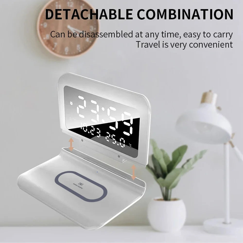 Wireless Charger Pad Stand with Alarm Clock And Thermometer Fast Charging Station for iPhone 17/16/15/14/13/12/11