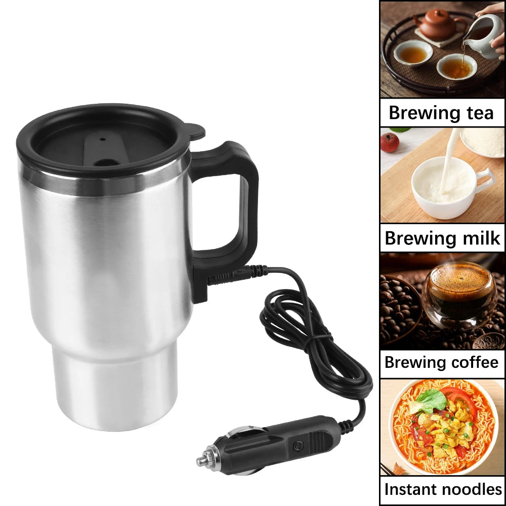 Car Electric Heating Cup Stainless Steel Camping Travel Kettle Vehicle Heating Cup Water Coffee Milk Thermal Mug 12V 450ml/300ml