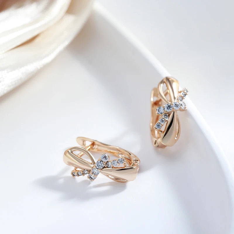 Kinel Hot 585 Rose Gold Color Earrings For Women Girl Fashion Bowknot Natural Zircon Accessories High Quality Daily Jewelry