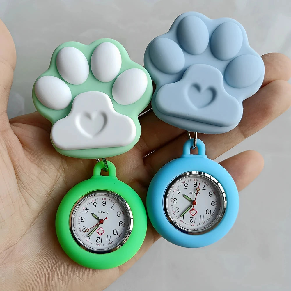 Colourful Retractable Badge Reel Nurse Doctor Lovely Cat Claw Footprints Pocket Watches medical hospital Gift Watch for women