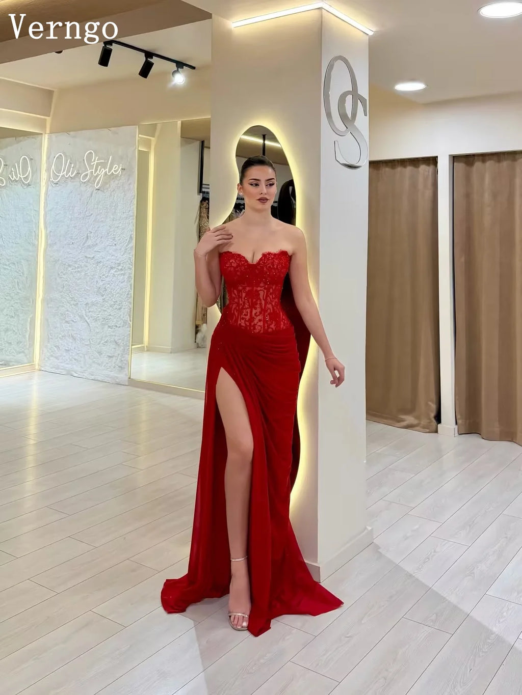 Verngo Red Lace Elegant Prom Dress Sweetheart Floor Length Side Slit Evening Dress Mermaid Fashion Party Gown 2026 Customized