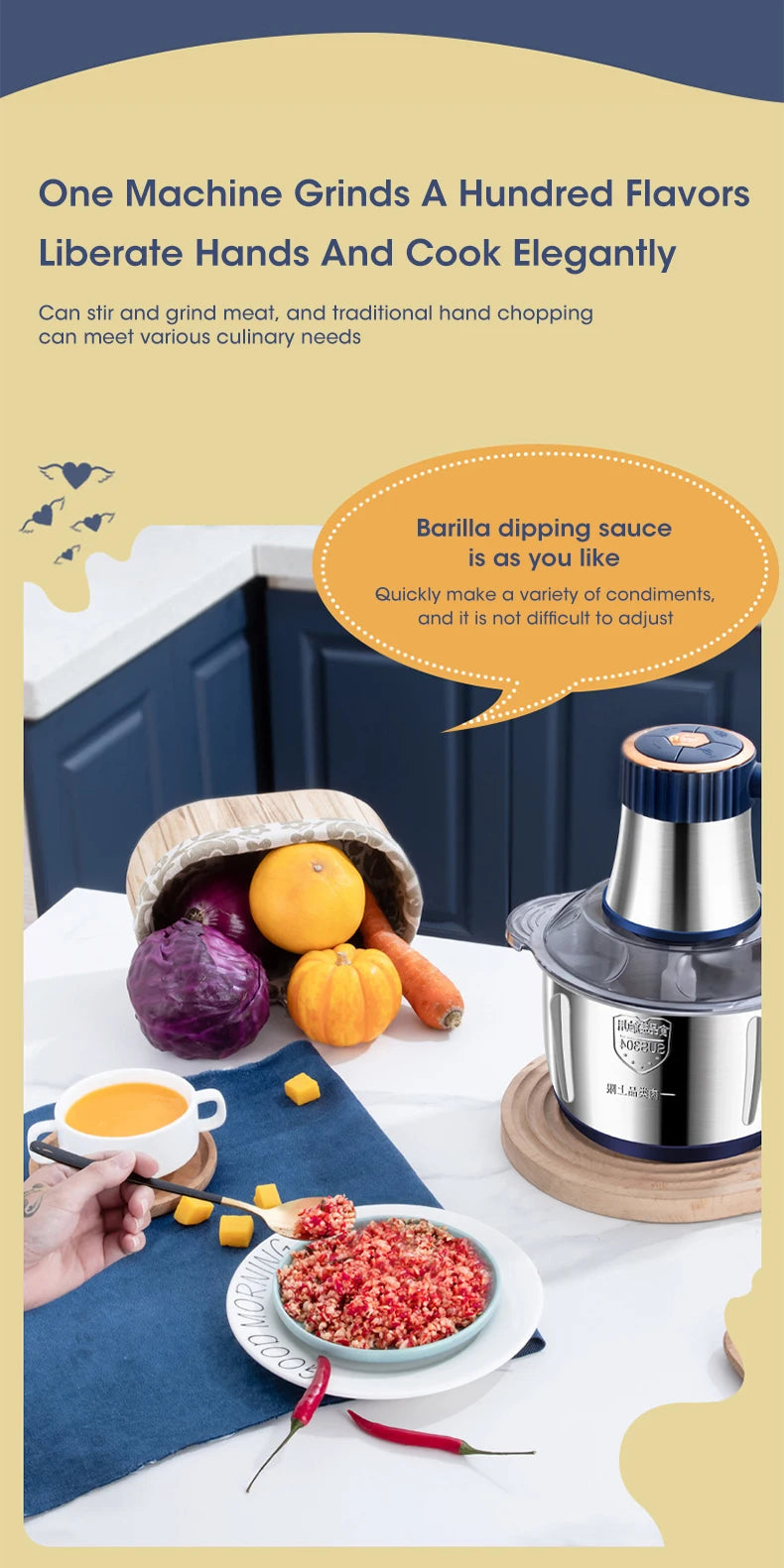 High-capacity electric food grinder for professional household cooking.