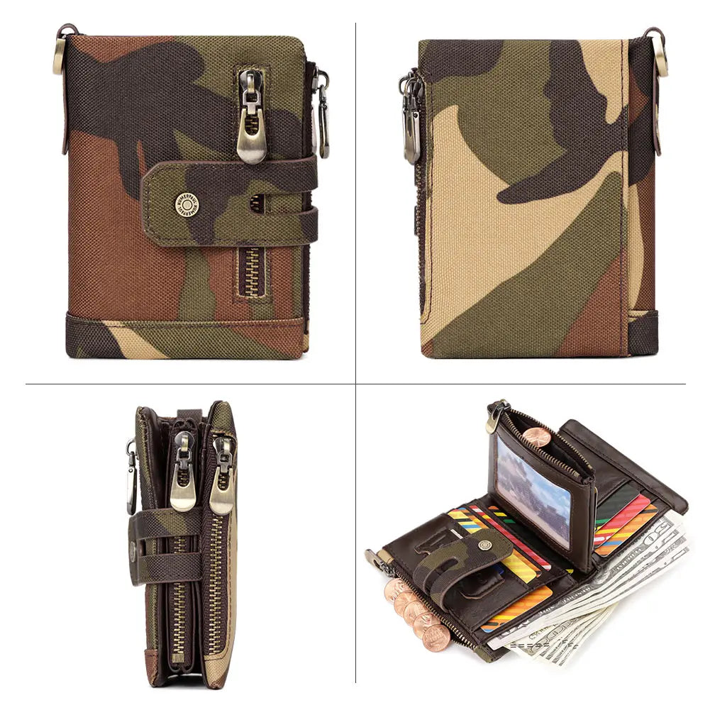 Oxford Wallet for Men RFID Blocking Credit Cards Holder Purse with Zipper Coin PurseClassic Biker Short Chain Portomonee