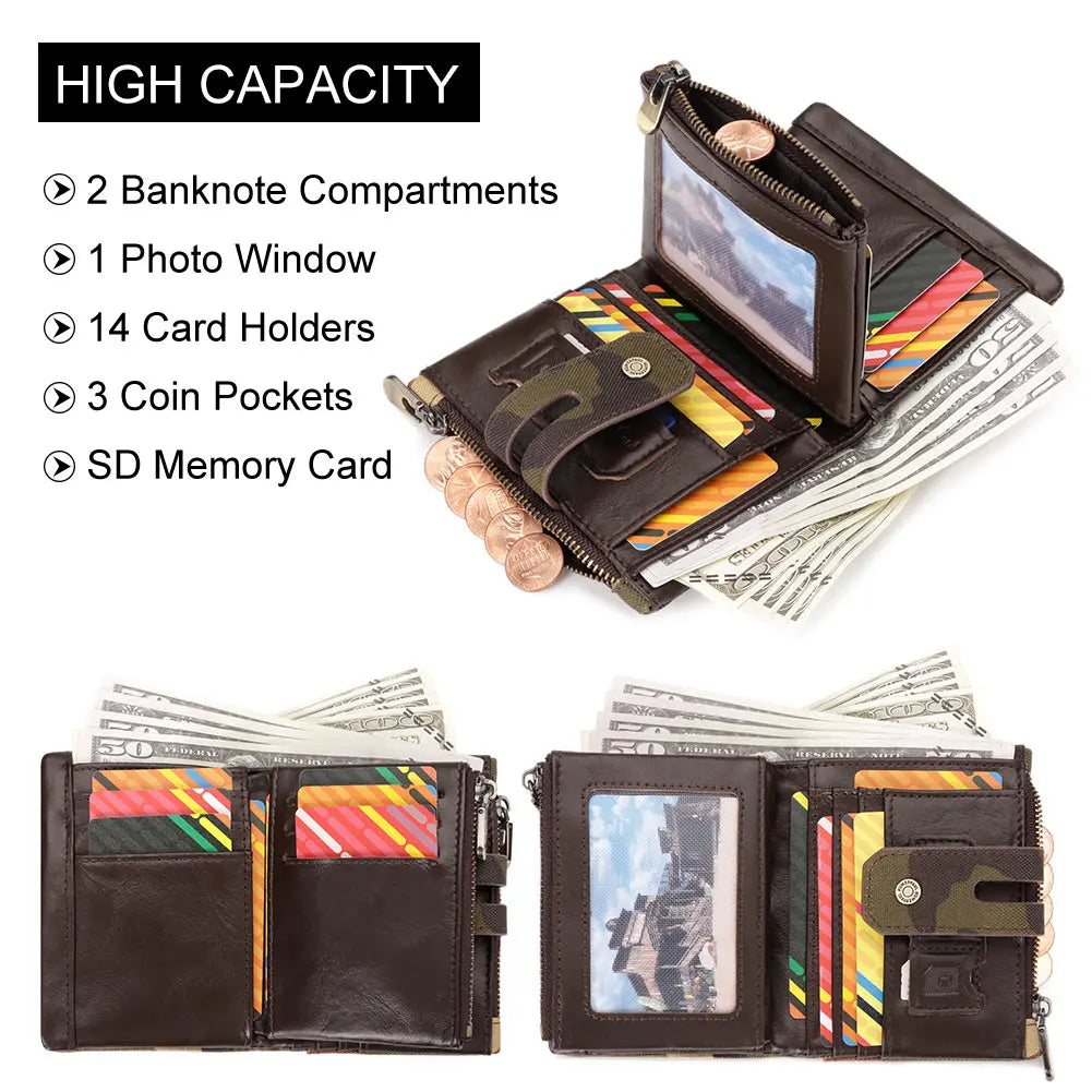 Oxford Wallet for Men RFID Blocking Credit Cards Holder Purse with Zipper Coin PurseClassic Biker Short Chain Portomonee