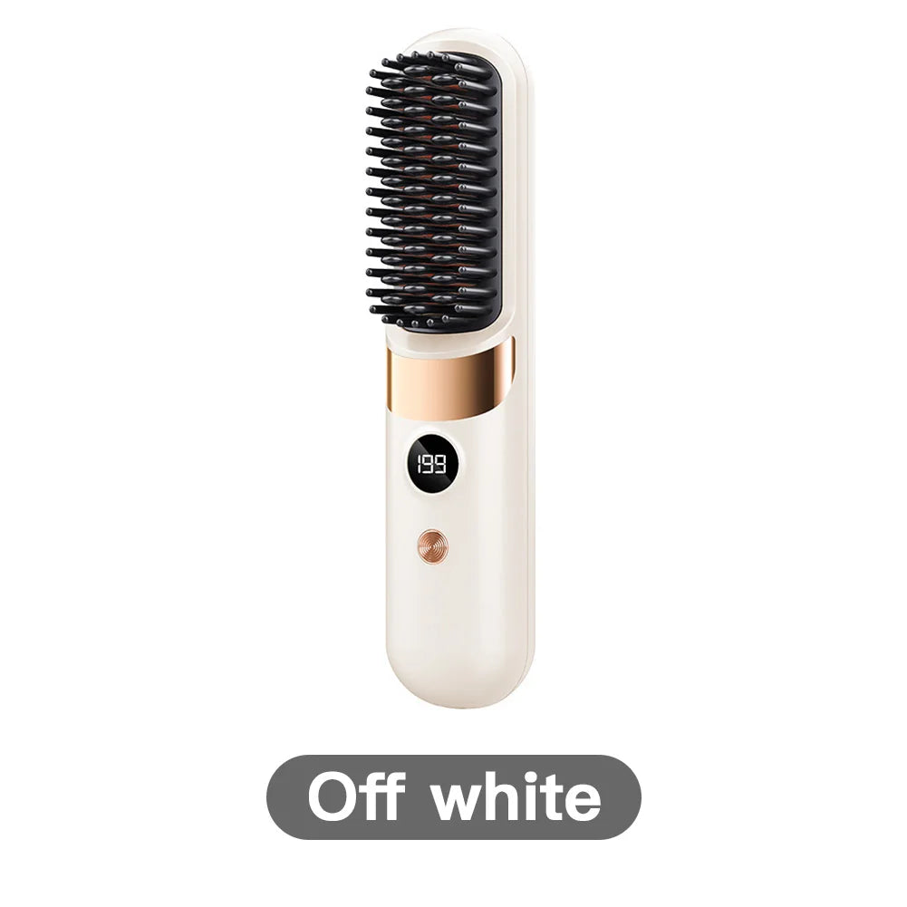 Hair Straightener Brush with LCD Display Cordless USB Charging Straightener Portable Mini Straightening Brush for Home Travel