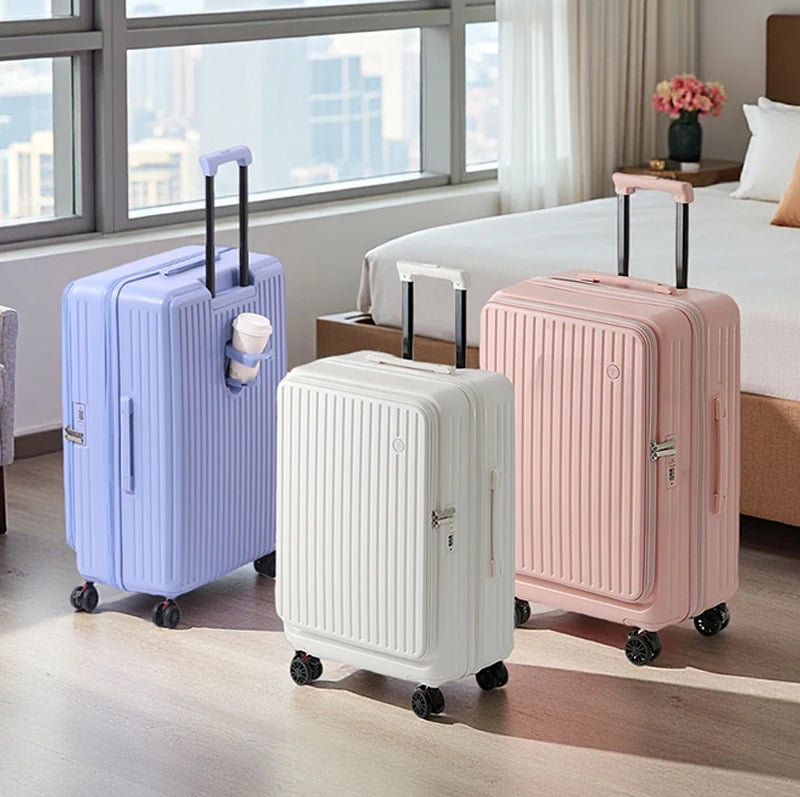 Multifunctional Front Opening Expandable Suitcase with Cup Holder Large Capacity Luggage 360° Shock Absorbing Wheels 20' 24' 28'