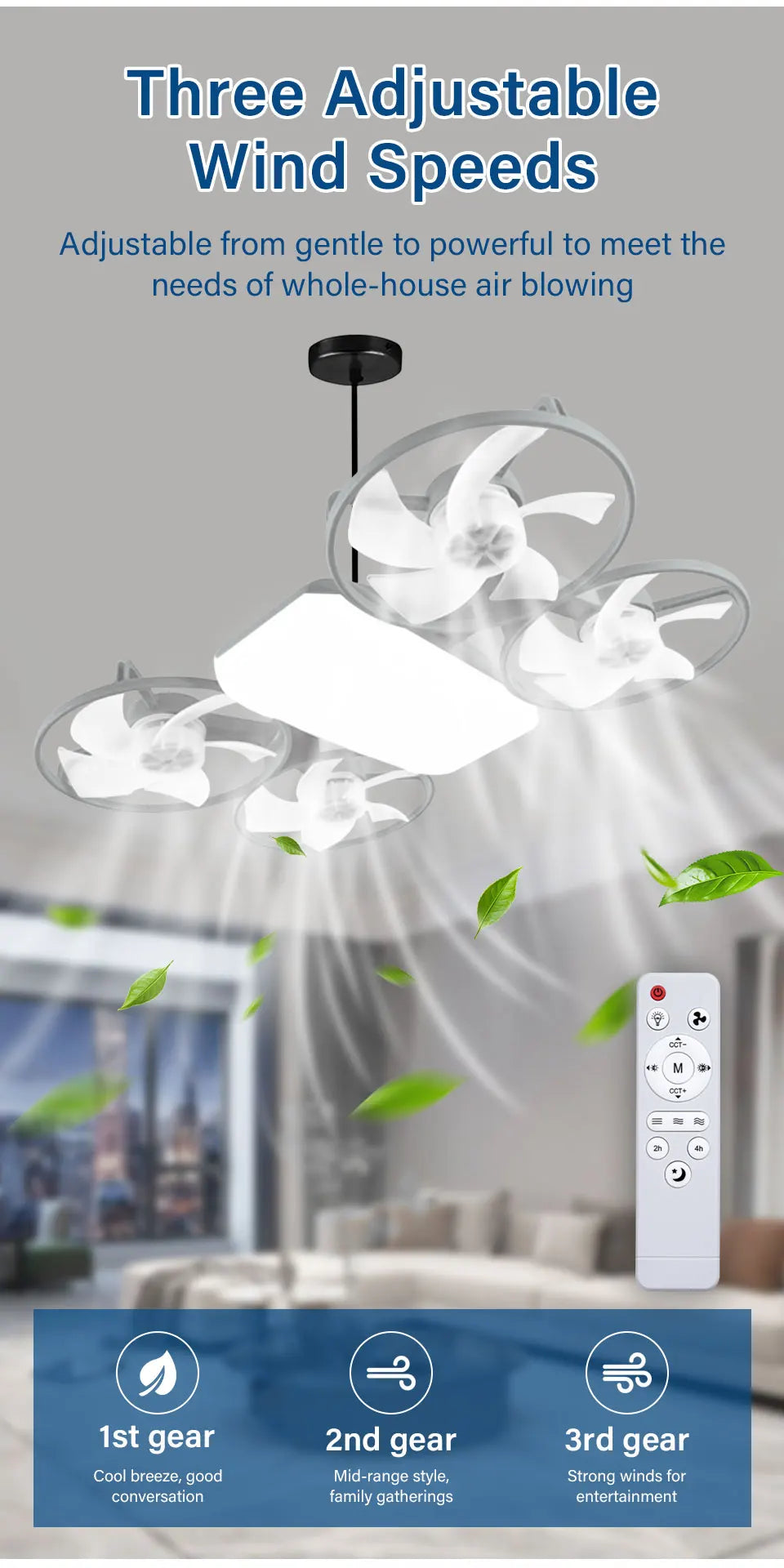 2 in 1 LED E27 Ceiling Fan Light AC 110-220V with Remote 3 Color Temp 3 Speeds Dimmable Adjustable for Bedroom Home Restaurant