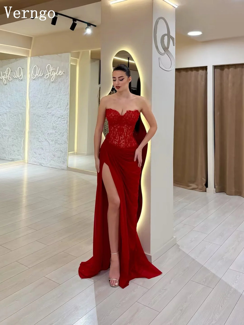 Verngo Red Lace Elegant Prom Dress Sweetheart Floor Length Side Slit Evening Dress Mermaid Fashion Party Gown 2026 Customized
