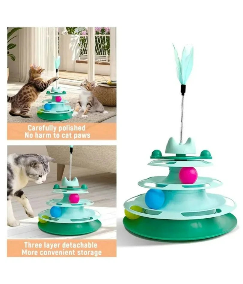 Interactive Cat Toy Tower Kitten Turntable Track Roller Balls Toys With Feather Pets Training Supplies Toy For Cat Tower