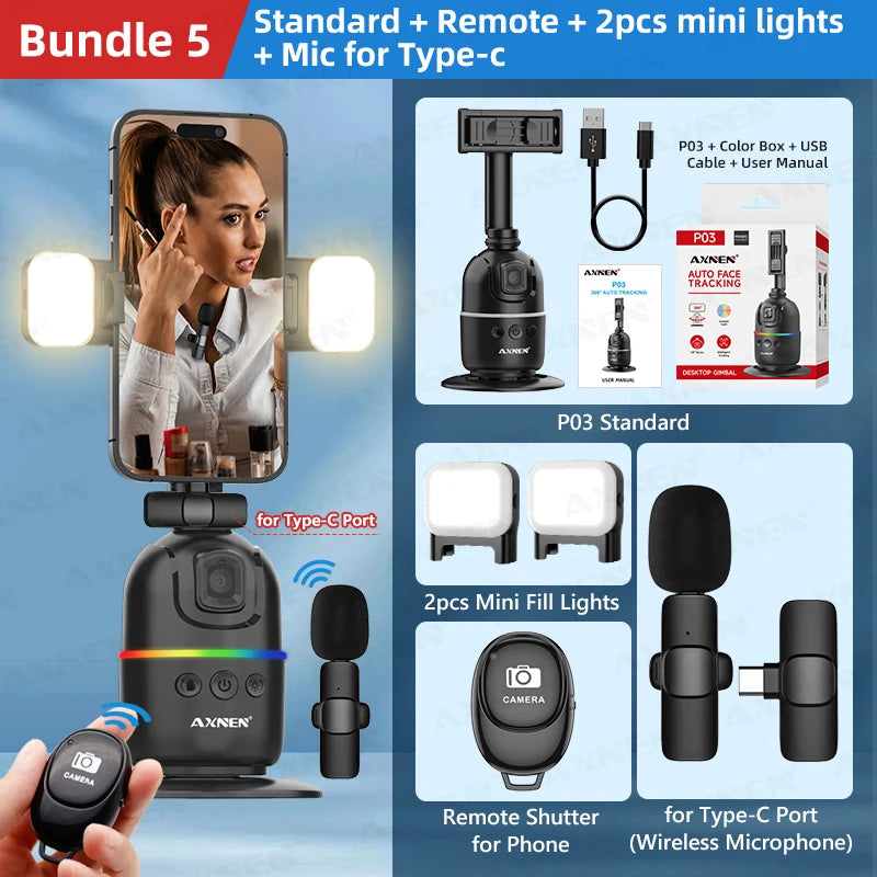 Premium AI-powered desktop vlog kit with 360° rotation support."