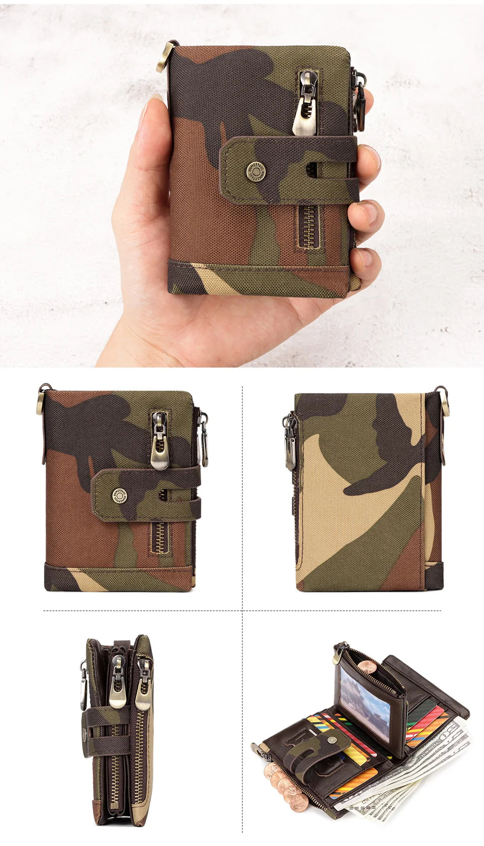 Oxford Wallet for Men RFID Blocking Credit Cards Holder Purse with Zipper Coin PurseClassic Biker Short Chain Portomonee