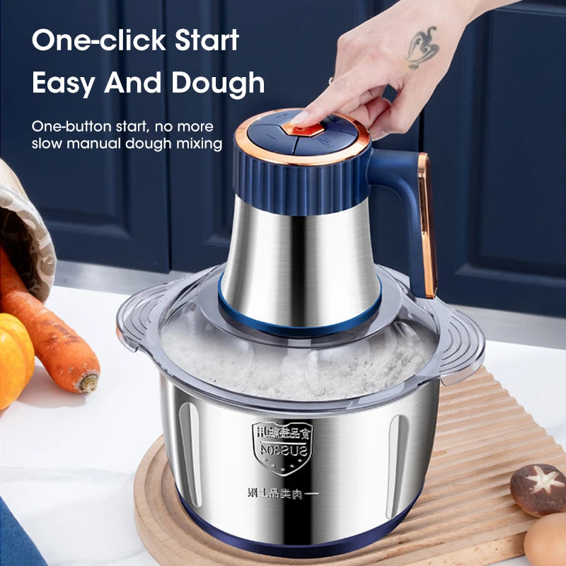 High-capacity electric food grinder for professional household cooking.