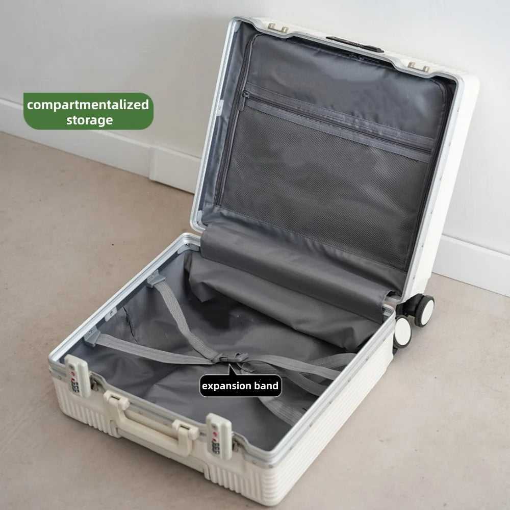 Suitcase Front Opening Pocket Aluminum Alloy Frame Rolling Luggage 18" Carry On Boarding Travel Trolley Bags with Spinner Wheel