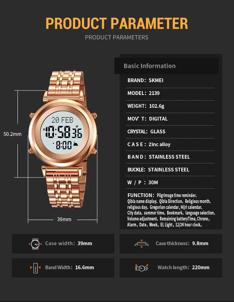 SKMEI 2139 Digital Watch Steel Muslim Azan Mens Back Light Waterproof Hijri Islamic Wristwatch Prayer Qibla Compass Alarm Clock