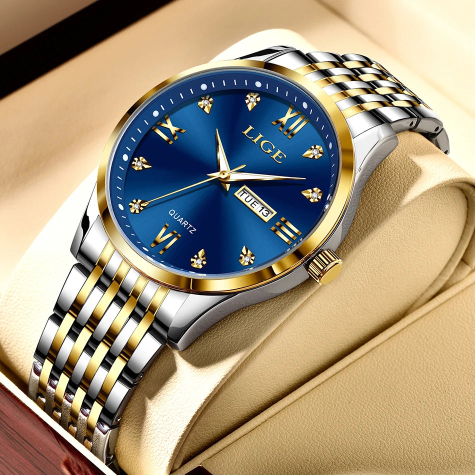 LIGE Fashion Retro Diamond Dial Casual Watches Round Stainless Steel Waterproof Luminous Clock Quartz Wristwatch for Women Gift