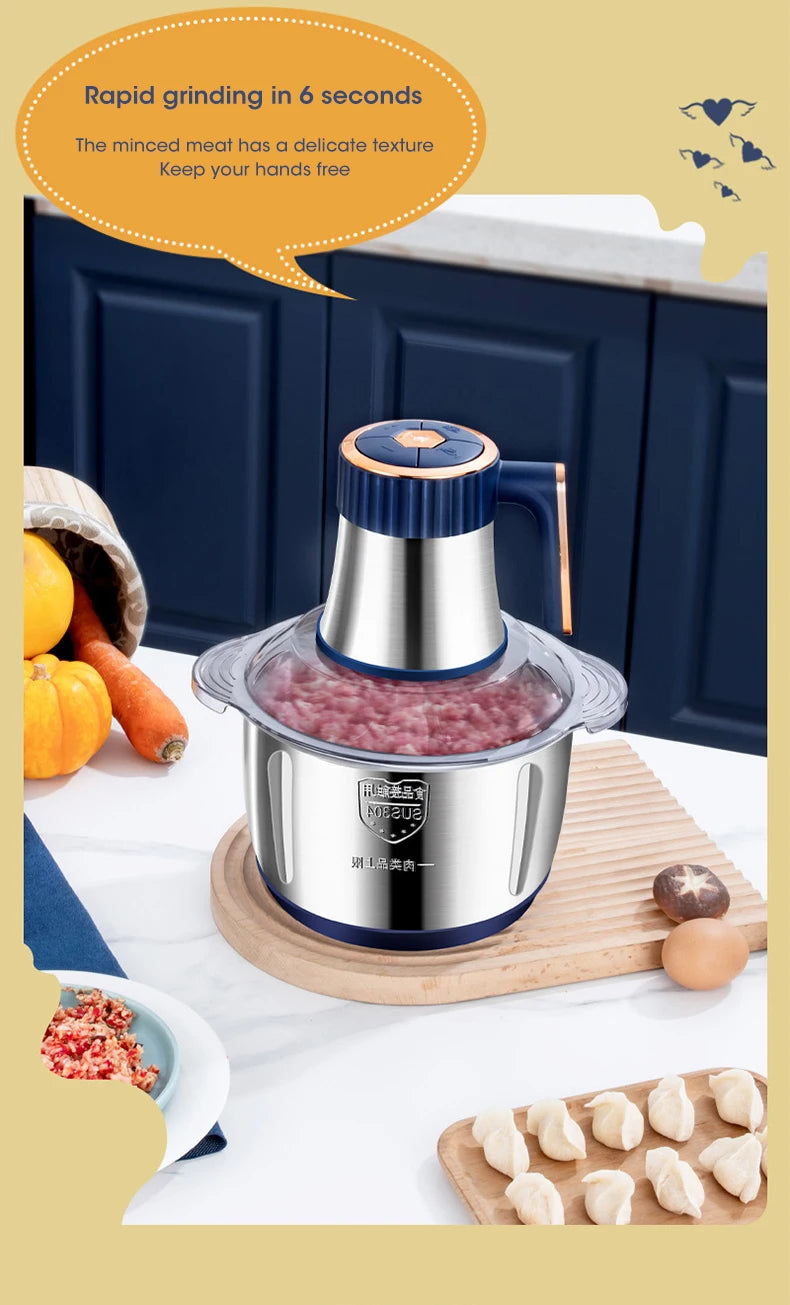 High-capacity electric food grinder for professional household cooking.