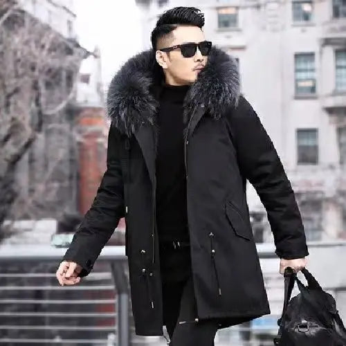 Winter Men Parka Warm Coat Men Wool Liner Jacket Long Hooded Jacket High Quality Raccoon Fur Collar