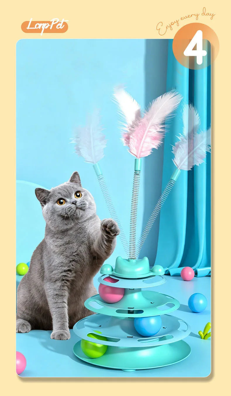 Interactive Cat Turntable Toy Feather Wand Rolling Ball Self Play Kitten Boredom Relief Indoor Pet Playing Accessory