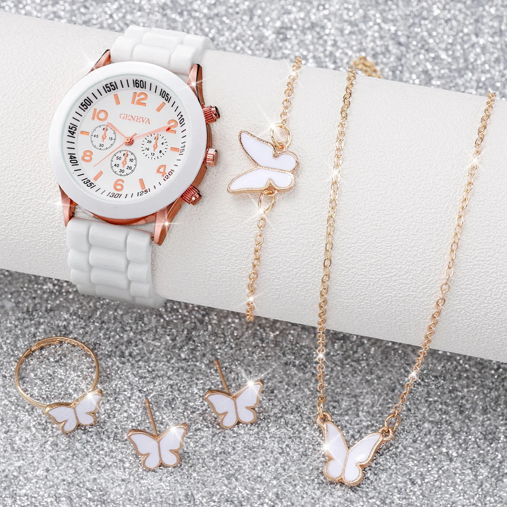 5/6PCS Women Watches Fashion Arabic Dial Silicone Band Quartz Watch Reloj Mujer Girls Clock Gift Jewelry Set（Without Box）