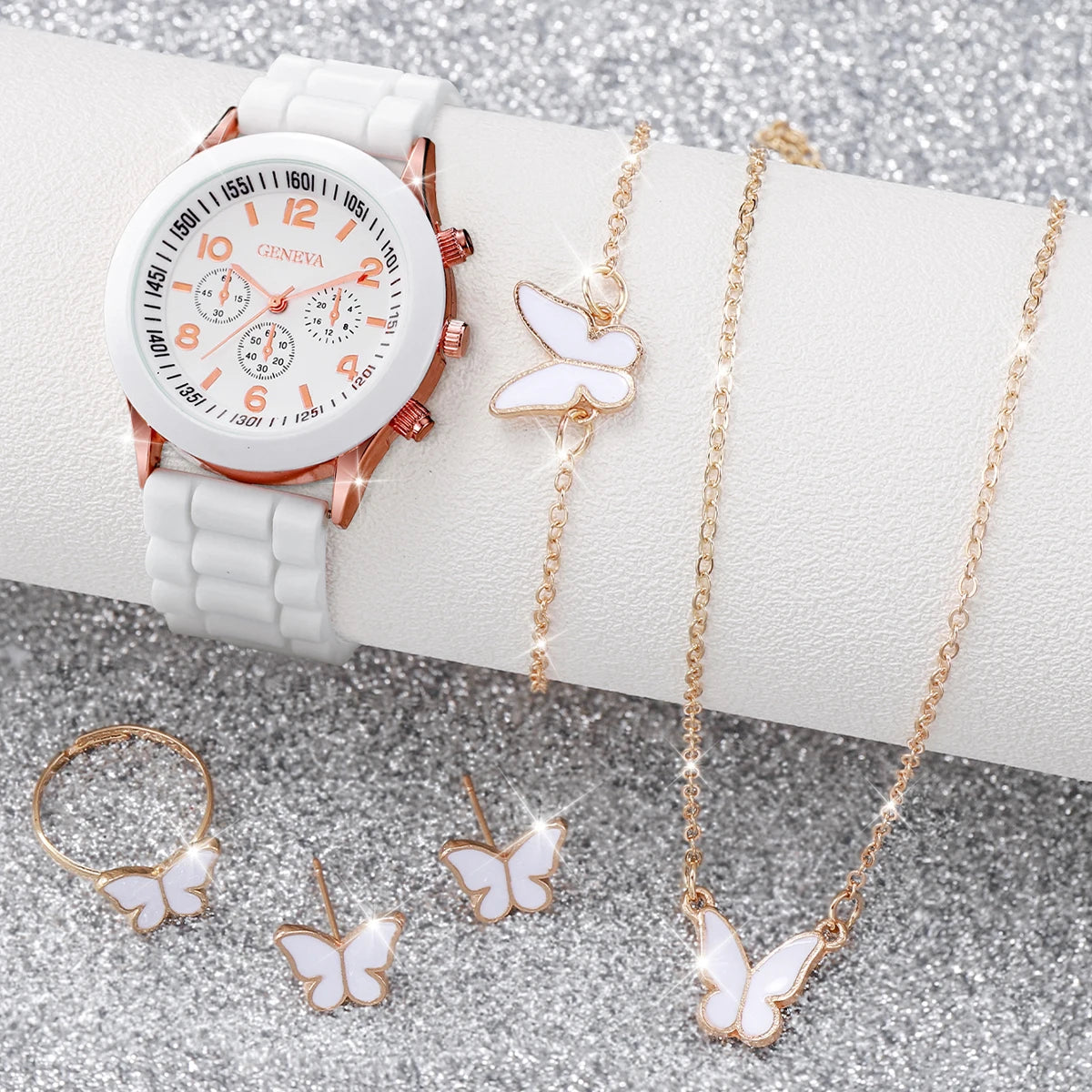 5/6PCS Women Watches Fashion Arabic Dial Silicone Band Quartz Watch Reloj Mujer Girls Clock Gift Jewelry Set（Without Box）
