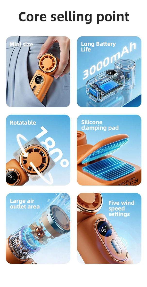 Portable Mini Fan Handheld Small Fan 5 Speed 3000mAh USB Rechargeable LED Display 180° Rotatable Clip Cooling Turbo Fans