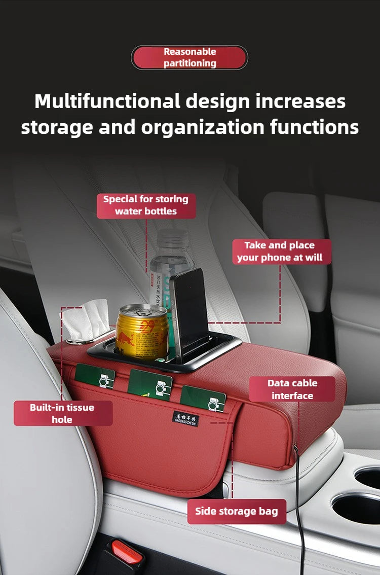 Multi-Function Car Armrest Box with USB Port - Storage Booster Pad Center Console Tissue Box And Water Cup Holder for Vehicle