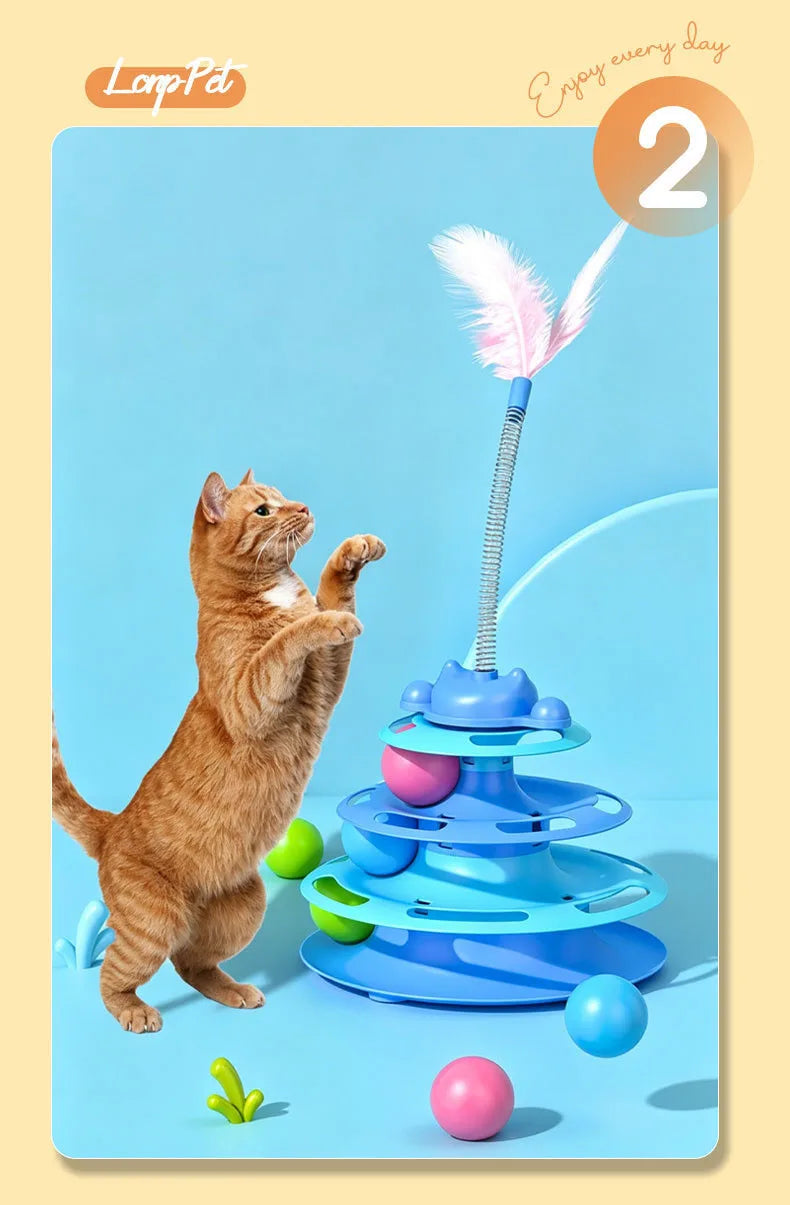 Interactive Cat Turntable Toy Feather Wand Rolling Ball Self Play Kitten Boredom Relief Indoor Pet Playing Accessory