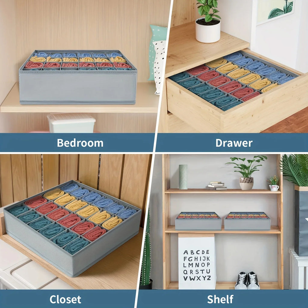 Foldable Fabric Storage Box with 24 Compartments Stackable Organizer for Socks Ties Underwear Space-Saving Drawer Divider