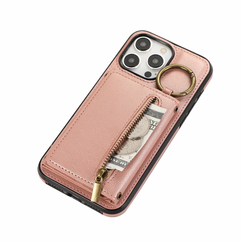 Crossbody Cards Solt Triple Wallet Leather Zipper Case For iPhone 15 16 Pro Max 14 Plus 13 12 11 XS XR SE2022 Ring Holder Cover